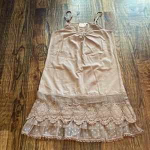 Cami in tan with lace crochet hem.